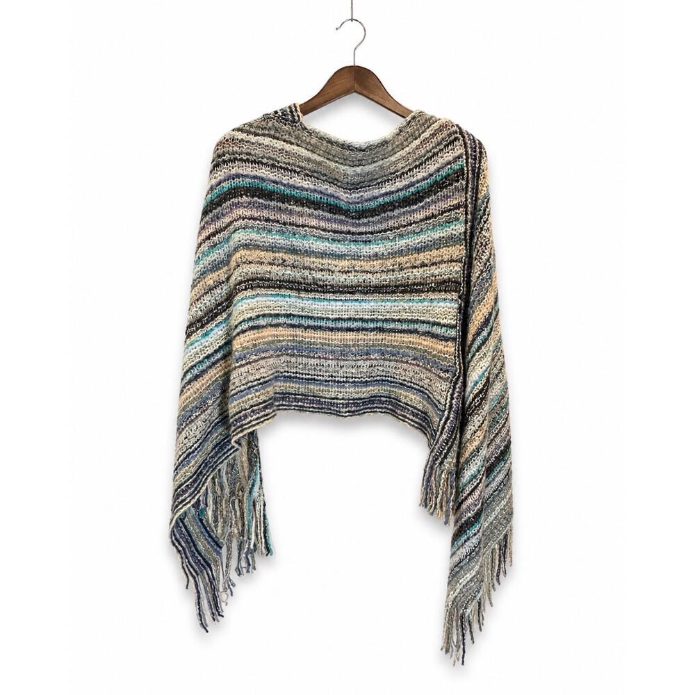 Fashion by Mirabeau New Wave Poncho One Size Blue Gray Striped Fringe Wrap Shawl